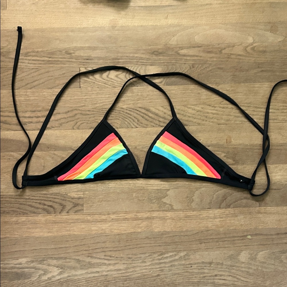 Jolyn Clothing Black Bikini Top with Rainbow Stripes